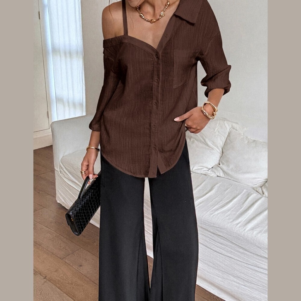 Brown Textured Crepe Asymmetrical Neck Cold Shoulder Button Up Shirt